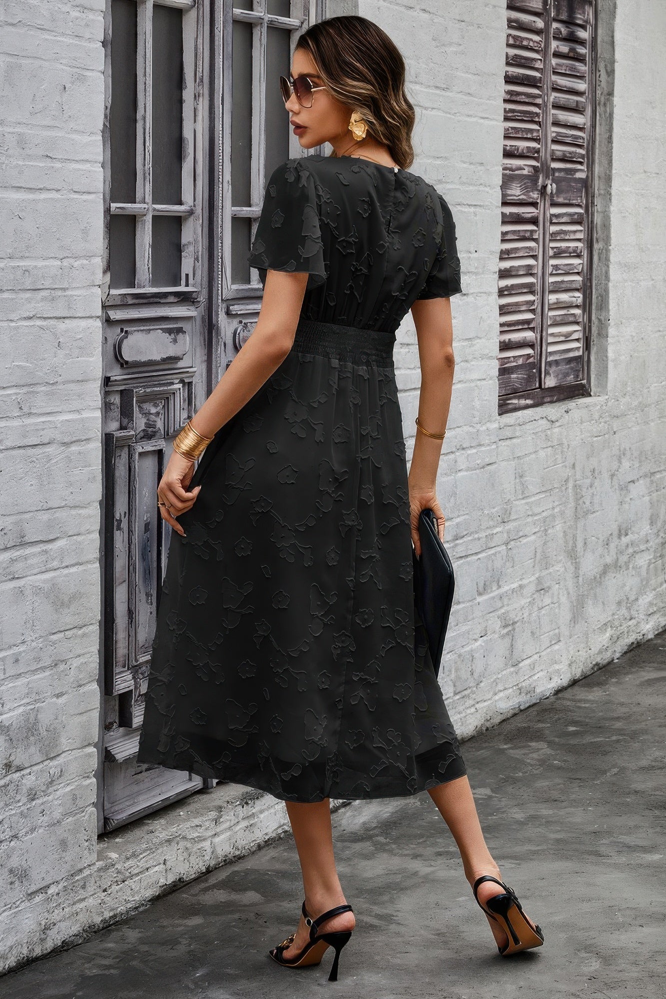 Deep V Ruched Elastic Belt Smocked Midi Dress