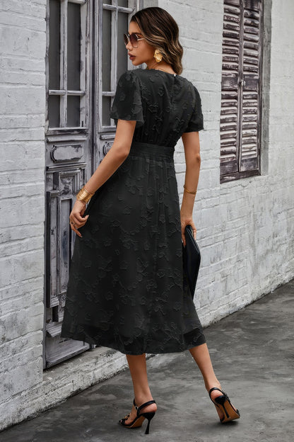 Deep V Ruched Elastic Belt Smocked Midi Dress