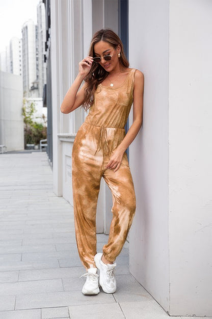 Tie Dye Sleeveless Elastic Wasit Pocket Jumpsuit