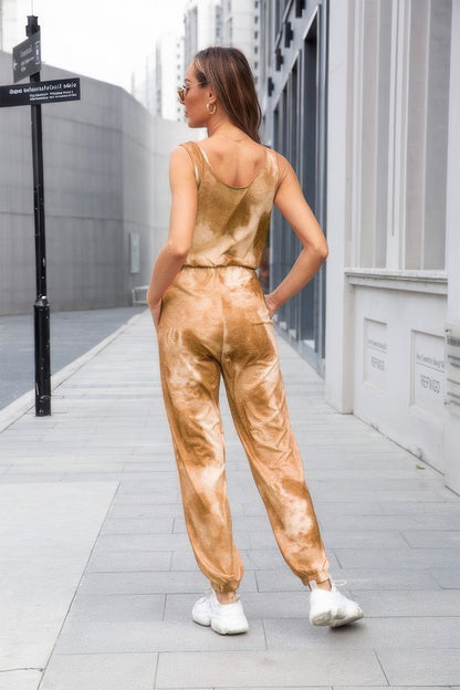 Tie Dye Sleeveless Elastic Wasit Pocket Jumpsuit
