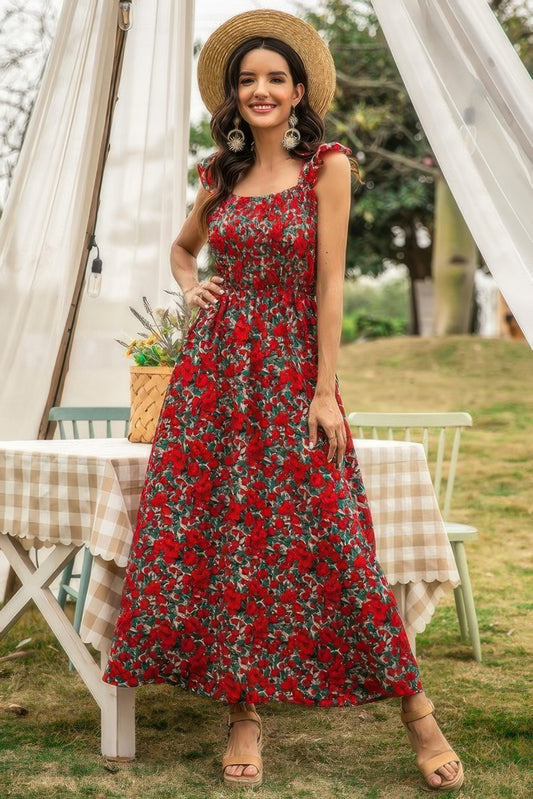 Floral Shirred Sleeveless High Waist A Line Dress