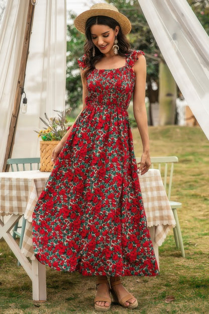 Floral Shirred Sleeveless High Waist A Line Dress