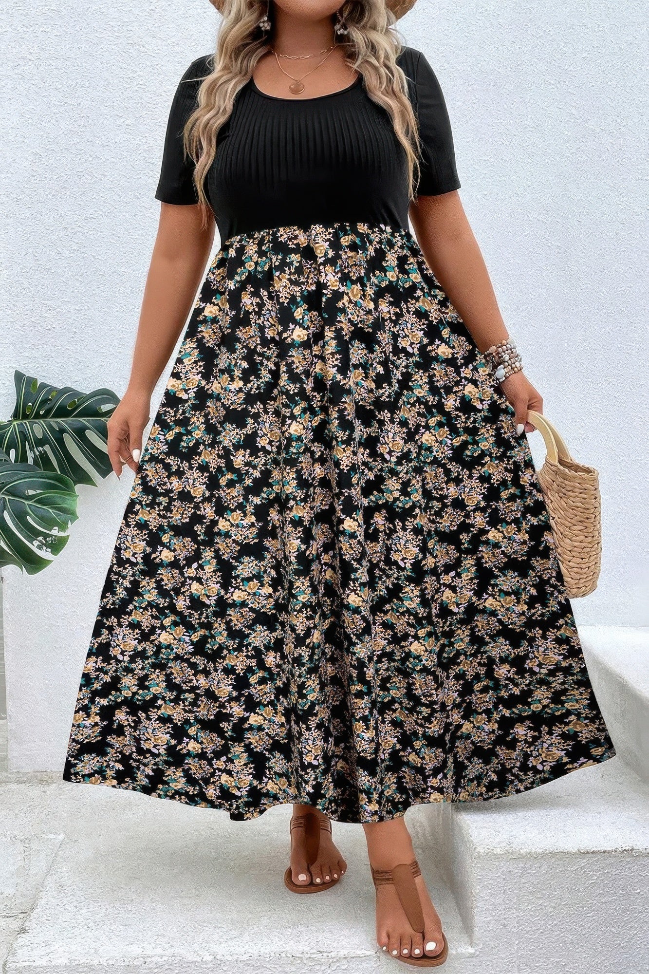 Plus Floral Print Elastic Fit High Waist Dress