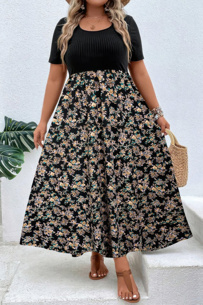 Plus Floral Print Elastic Fit High Waist Dress