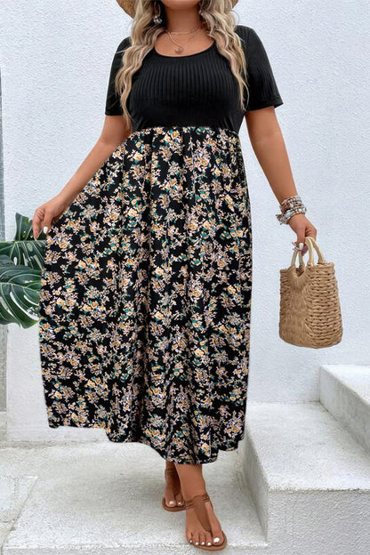 Plus Floral Print Elastic Fit High Waist Dress