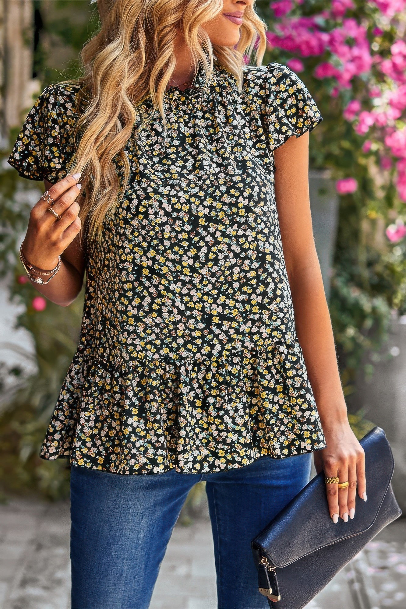 Ruffle Frill Trim Mock Neck Short Sleeve Shirt