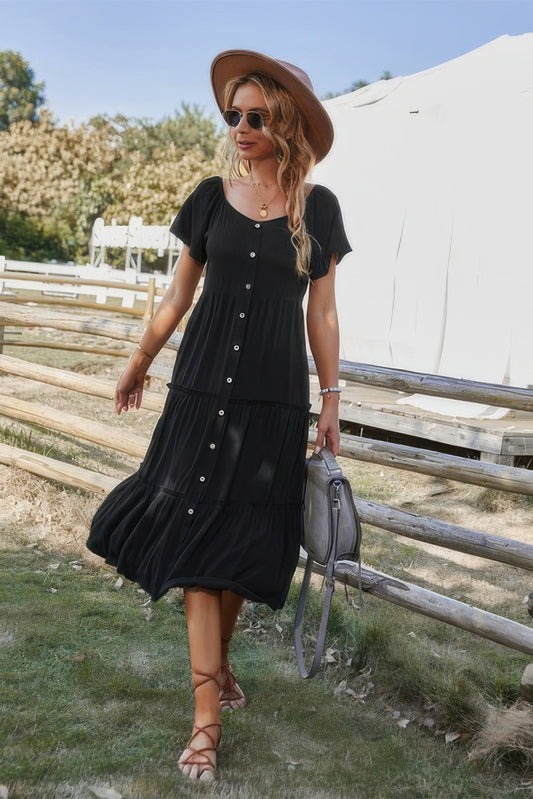 Button V Neck Tiered Short Sleeve Midi Dress