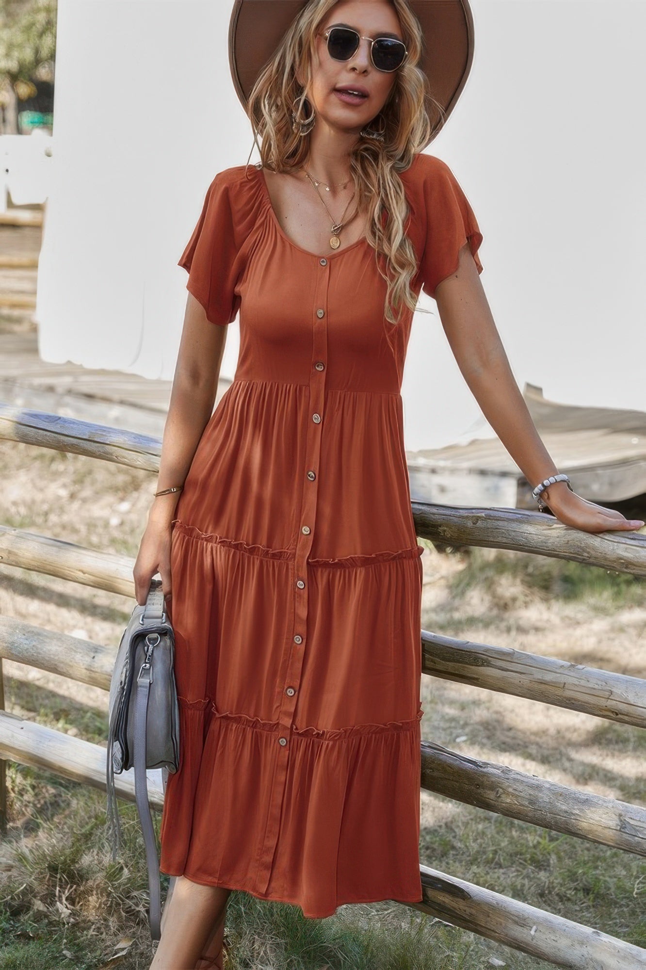 Button V Neck Tiered Short Sleeve Midi Dress