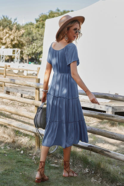Button V Neck Tiered Short Sleeve Midi Dress