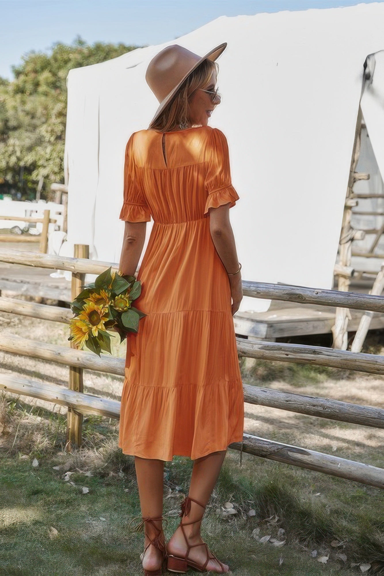 Flowy Pleated Short Sleeve Solid Midi Dress