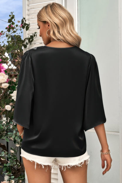 Solid V Neck Satin High Low Hem Blouse