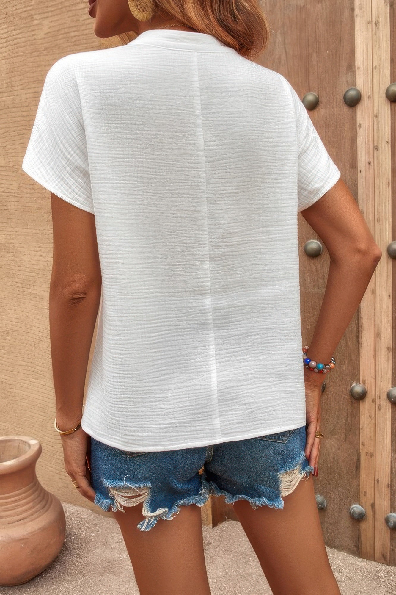 Solid V Neck Batwing Sleeve Loose Blouse