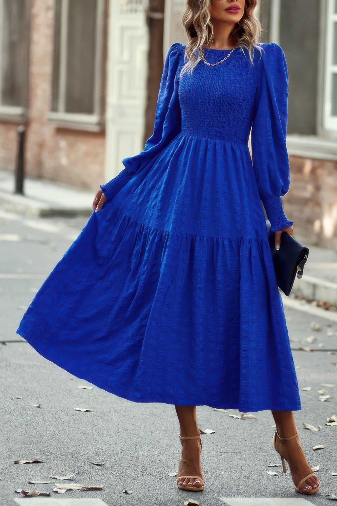 Solid Round Neck Puff Long Sleeve Midi Dress