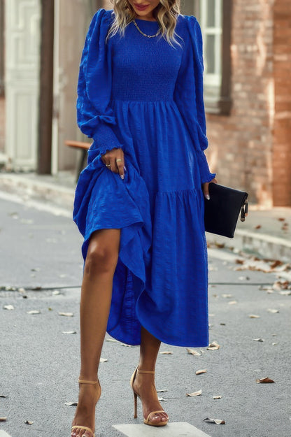 Solid Round Neck Puff Long Sleeve Midi Dress