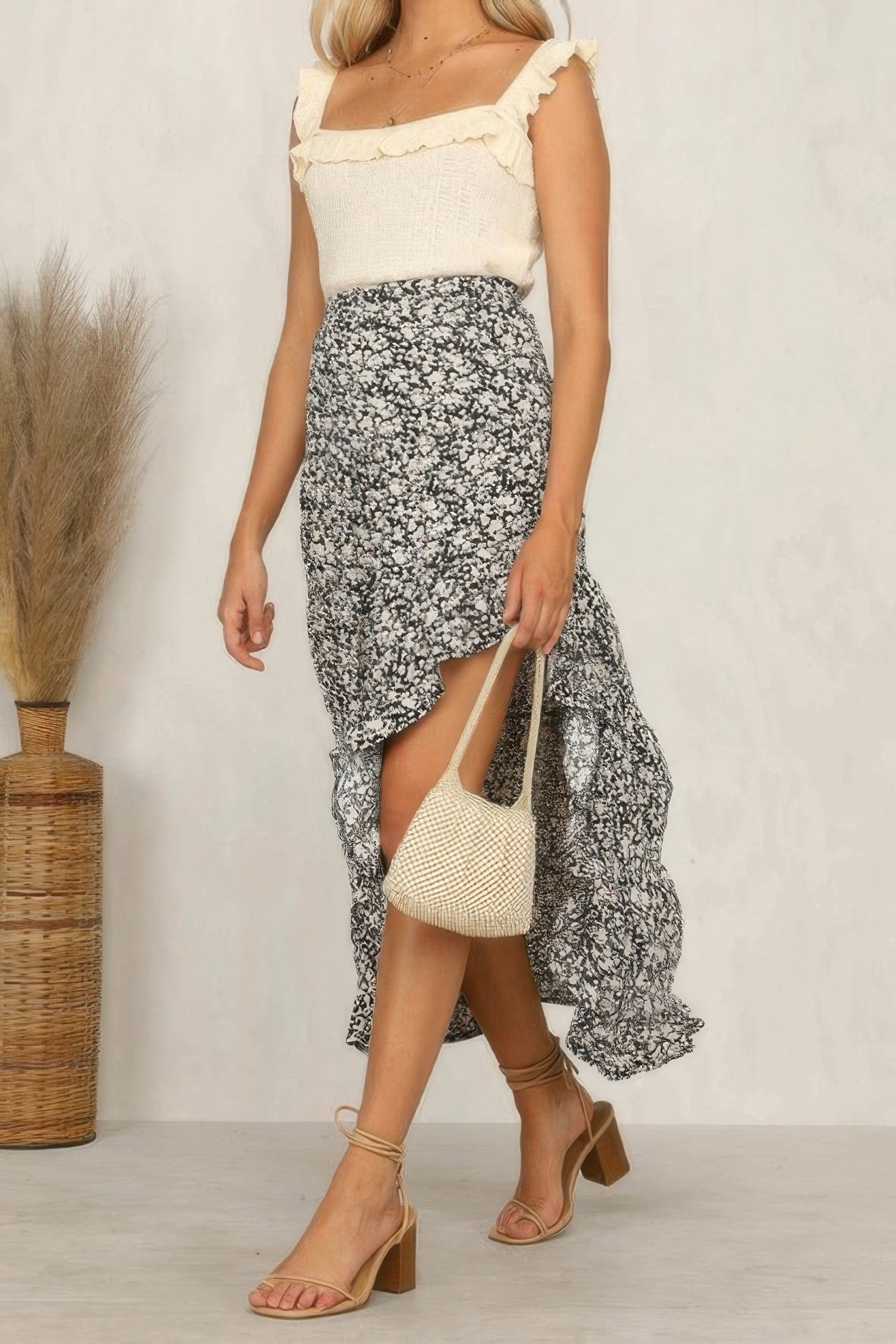 Boho Floral Print Midi Skirt Casual Side Slit Skirt