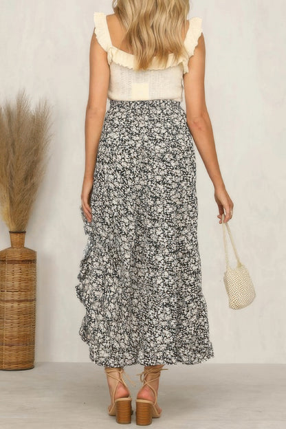 Boho Floral Print Midi Skirt Casual Side Slit Skirt