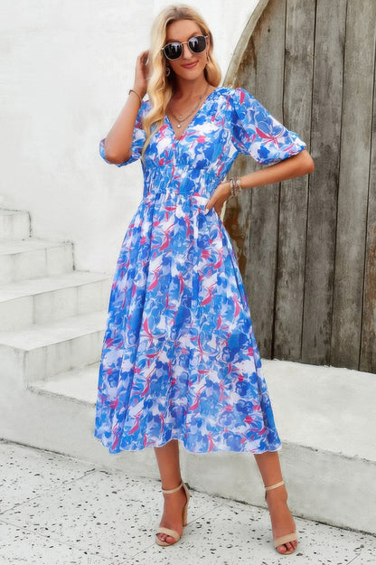 Floral V Neck Puffed Sleeve High Waist Dress