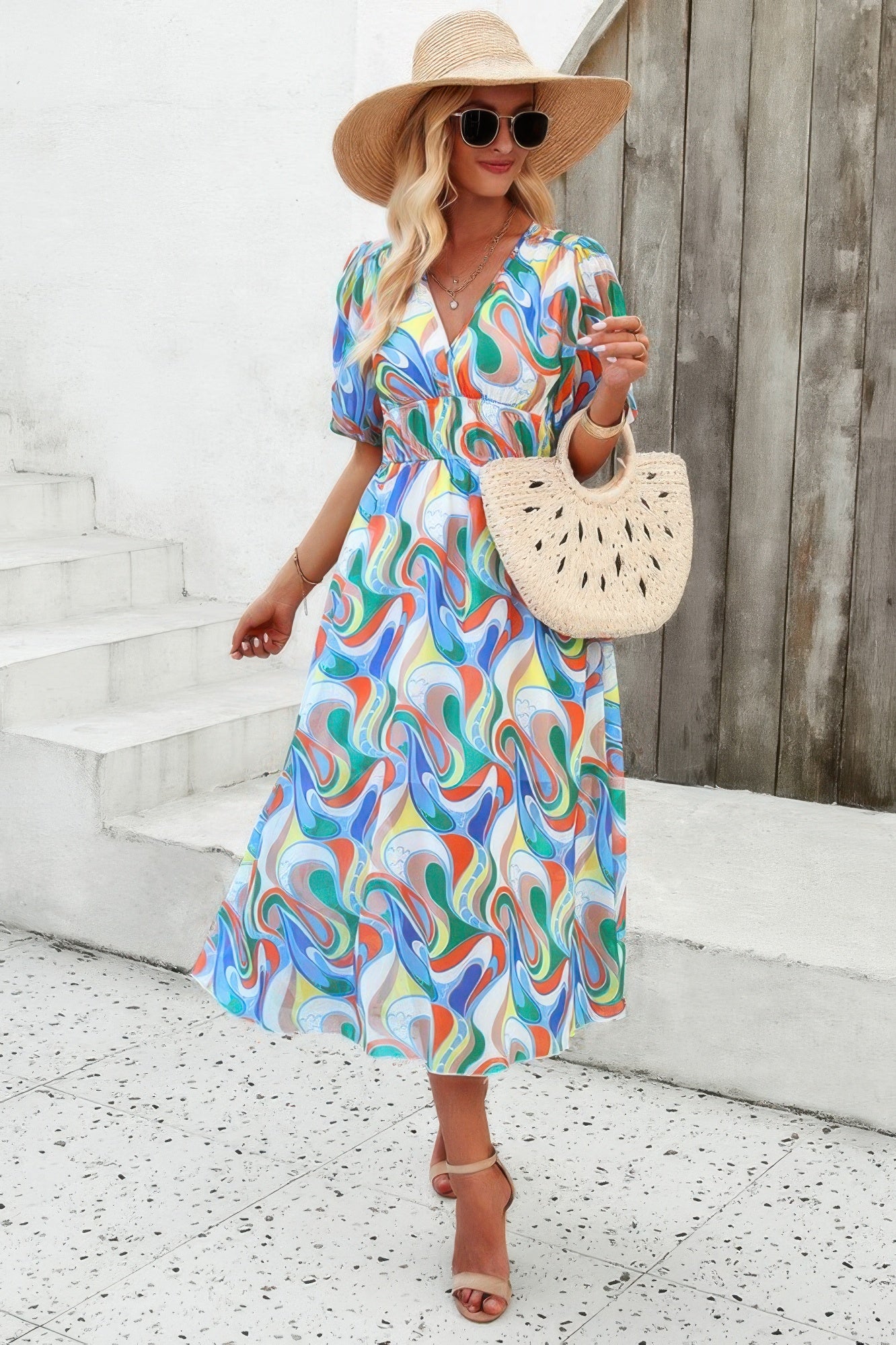 Floral V Neck Puffed Sleeve High Waist Dress