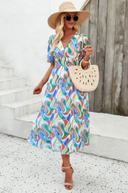 Floral V Neck Puffed Sleeve High Waist Dress