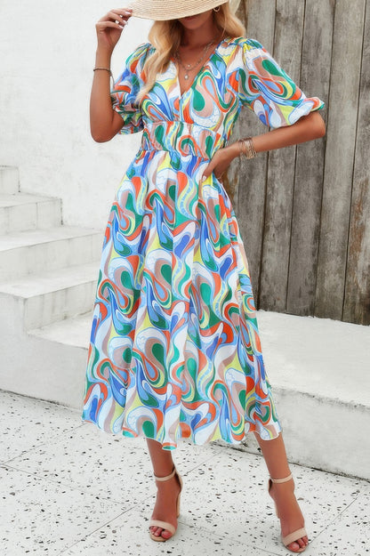 Floral V Neck Puffed Sleeve High Waist Dress