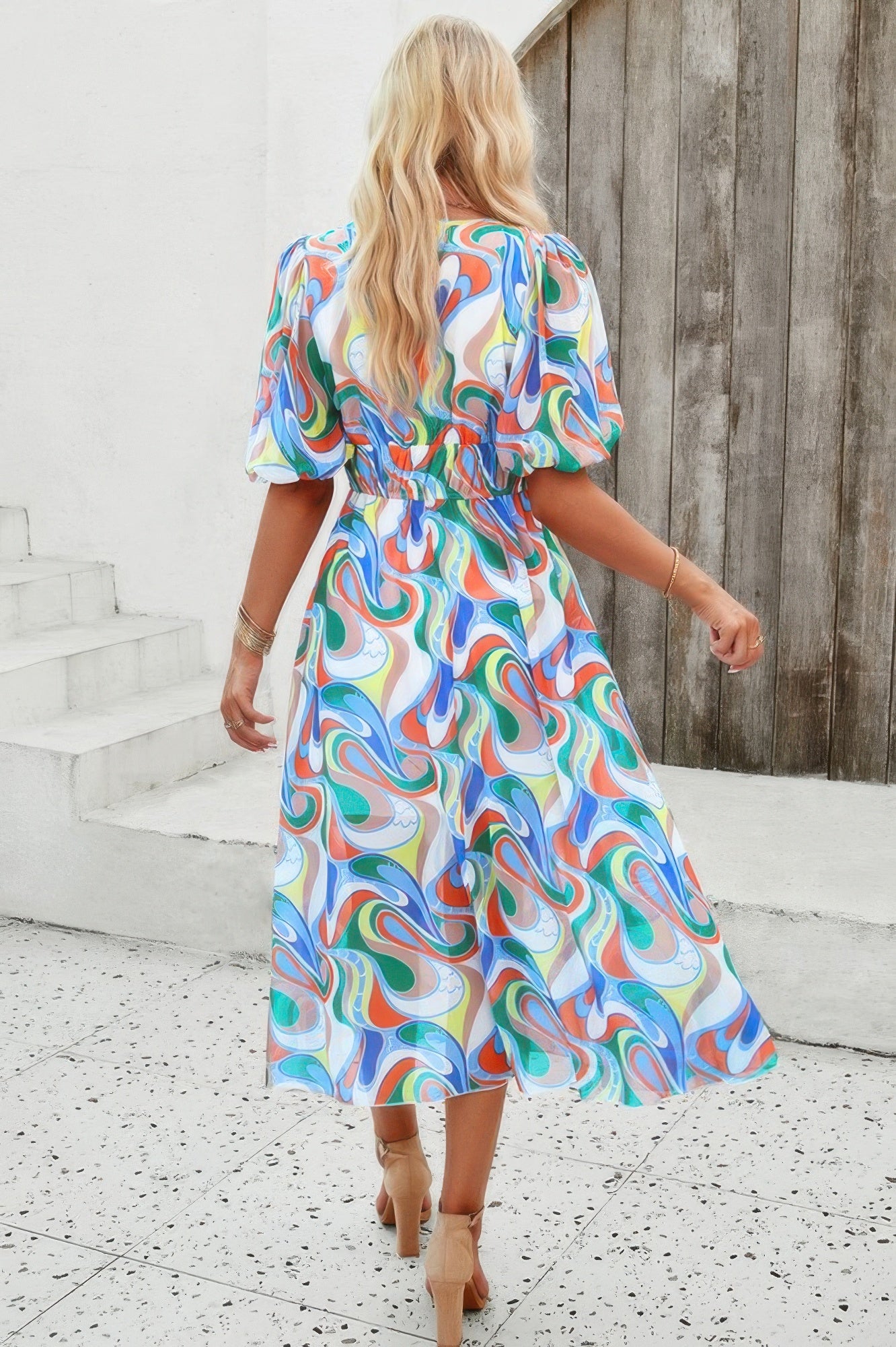 Floral V Neck Puffed Sleeve High Waist Dress