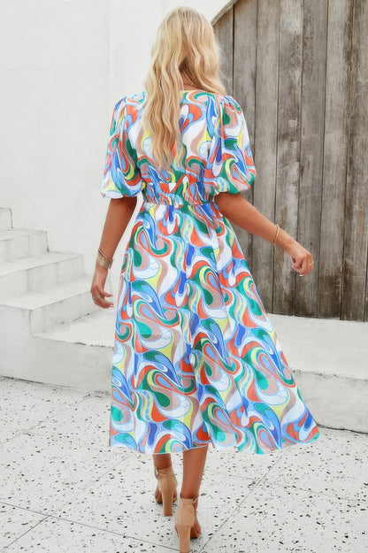 Floral V Neck Puffed Sleeve High Waist Dress