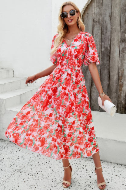 Floral V Neck Puffed Sleeve High Waist Dress