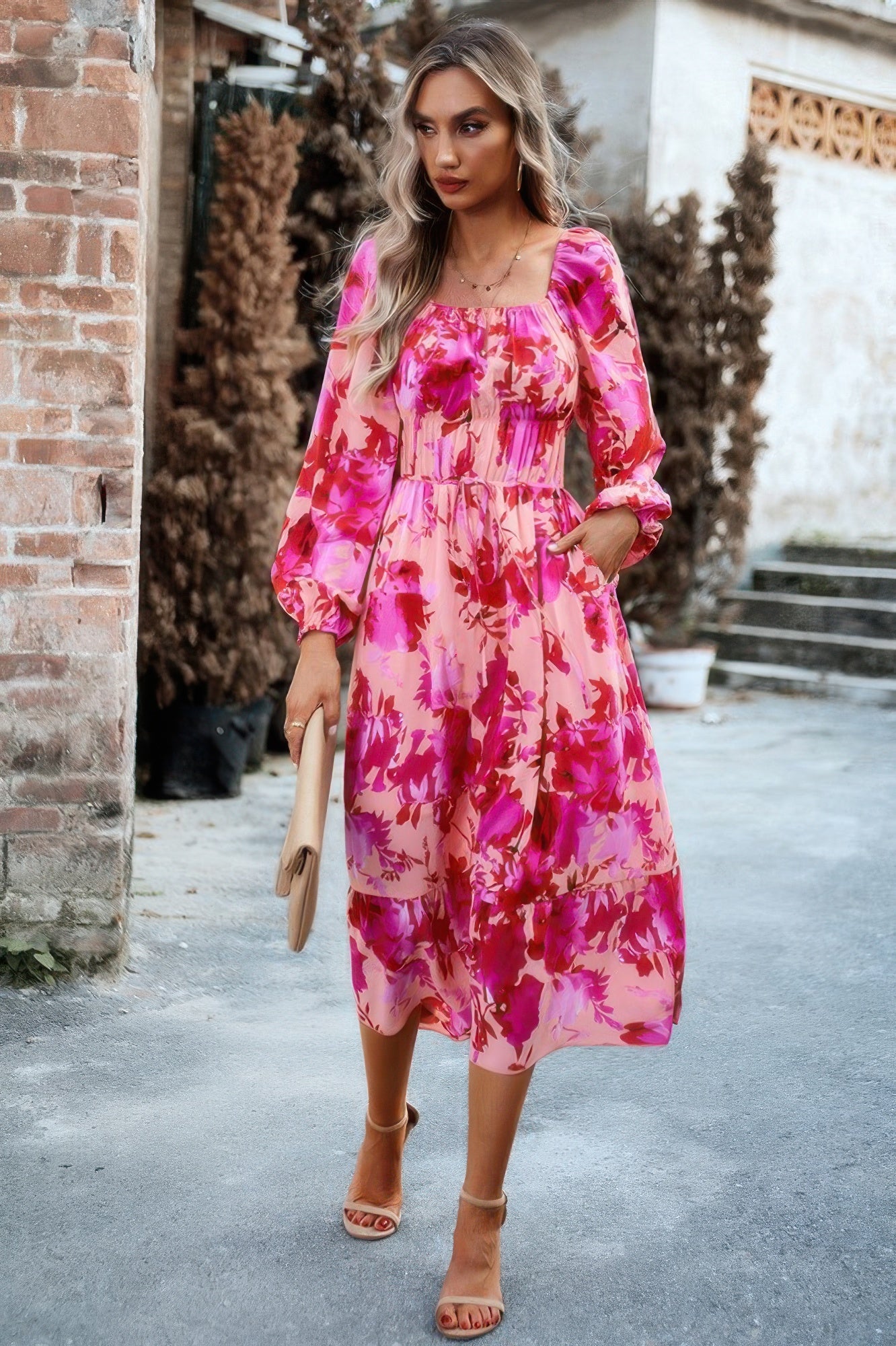 Floral High Elastic Waist Square Neck Pocket Dress
