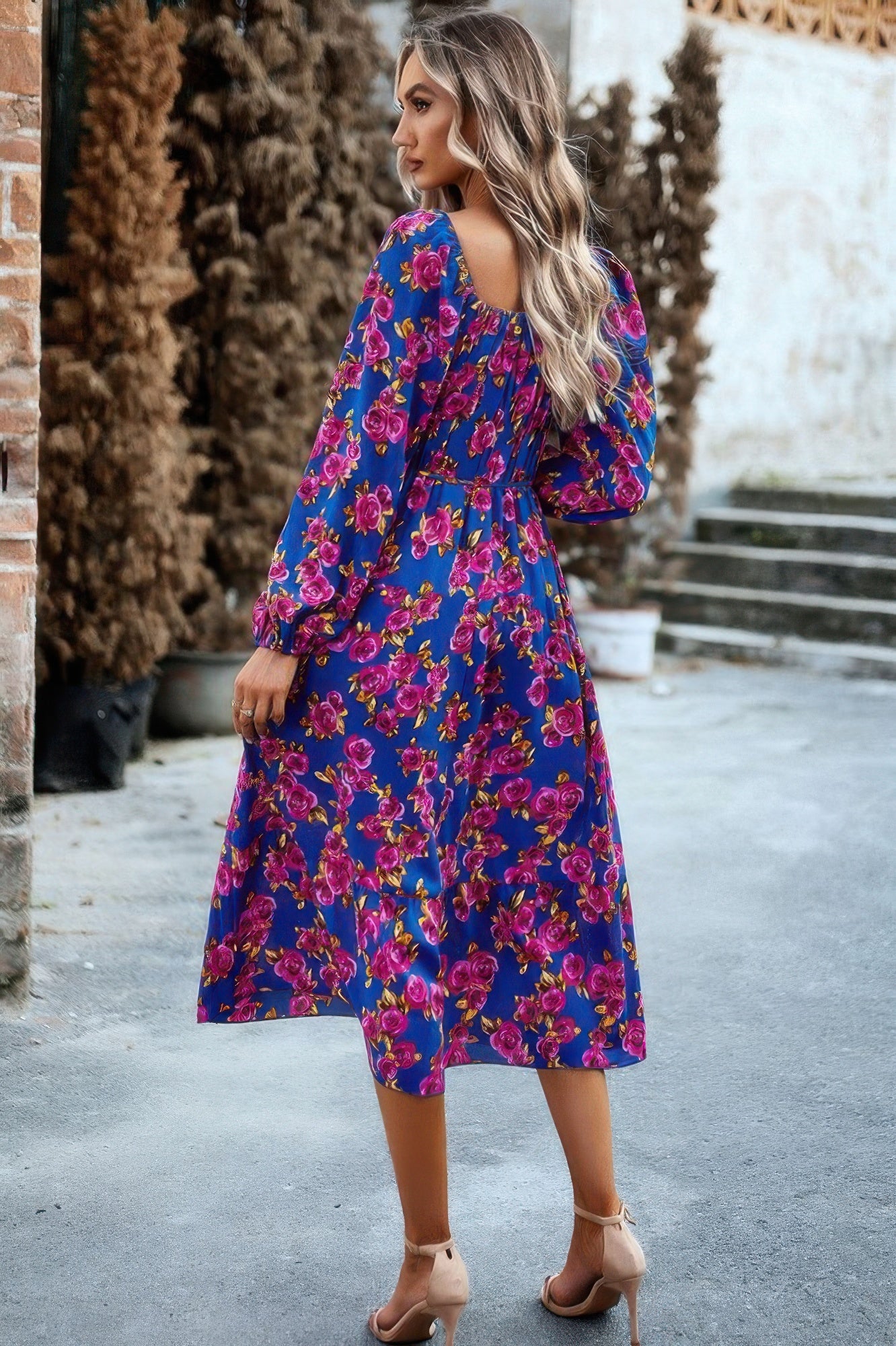 Floral High Elastic Waist Square Neck Pocket Dress