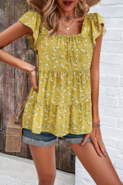 Floral Print Square Neck Ruffle Sleeve Tiered Blouse