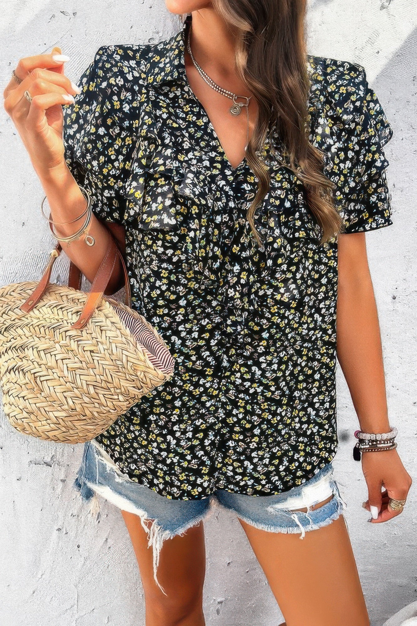 Floral Printed Ruffle Sleeve V Neck Loose Blouse