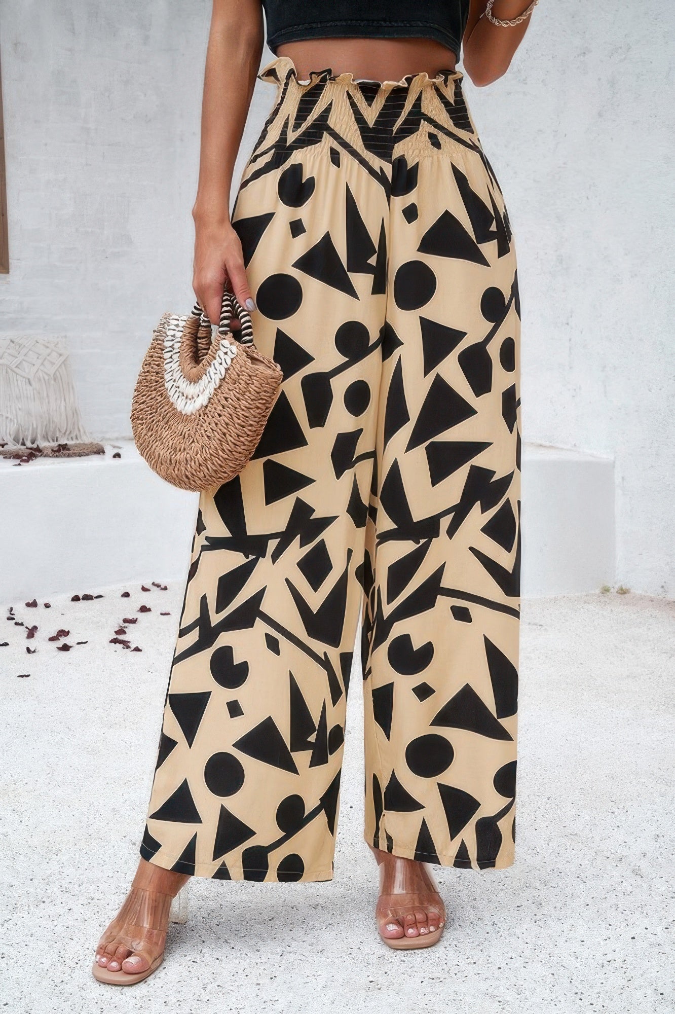 Allover Print Folded Frill Wide Leg High Waist Pant