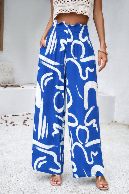 Allover Print Folded Frill Wide Leg High Waist Pant