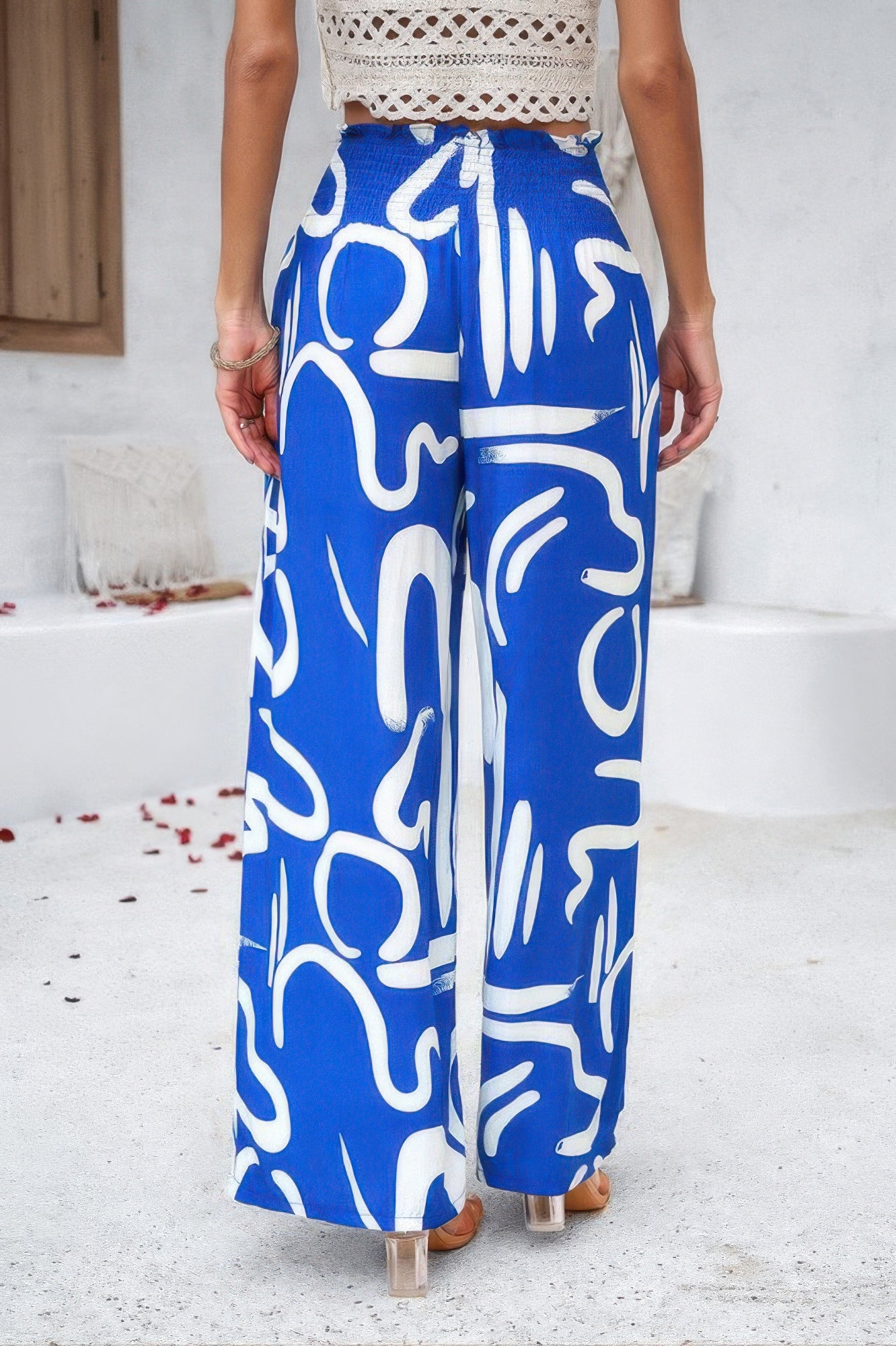 Allover Print Folded Frill Wide Leg High Waist Pant