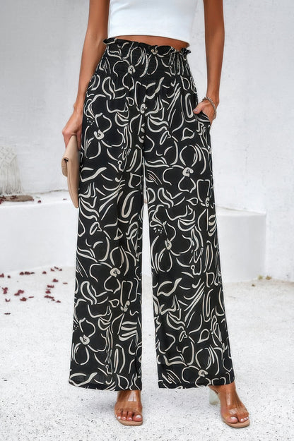Allover Print Folded Frill Wide Leg High Waist Pant