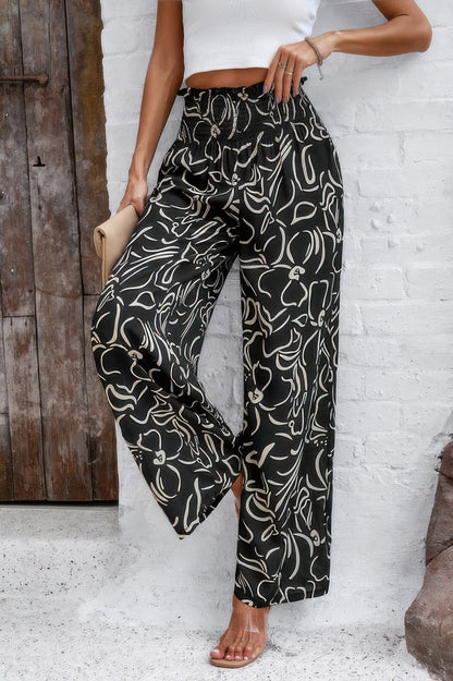 Allover Print Folded Frill Wide Leg High Waist Pant