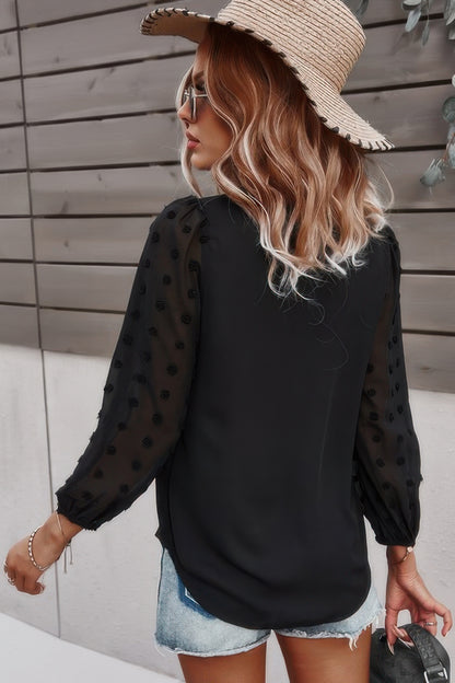 Solid V Neck Lantern Sleeve Swiss Dot Shirt