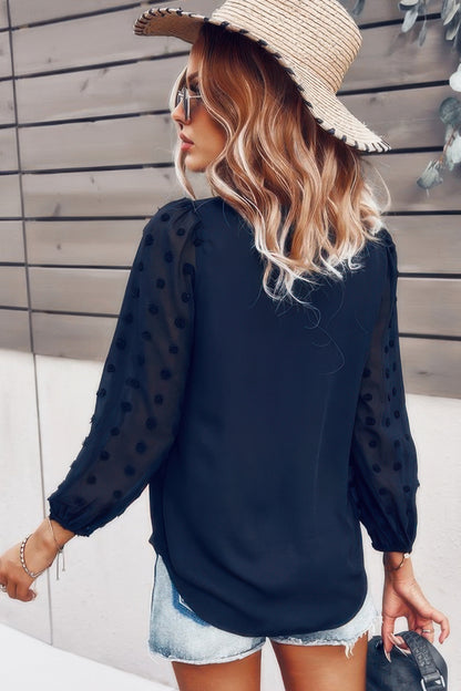 Solid V Neck Lantern Sleeve Swiss Dot Shirt