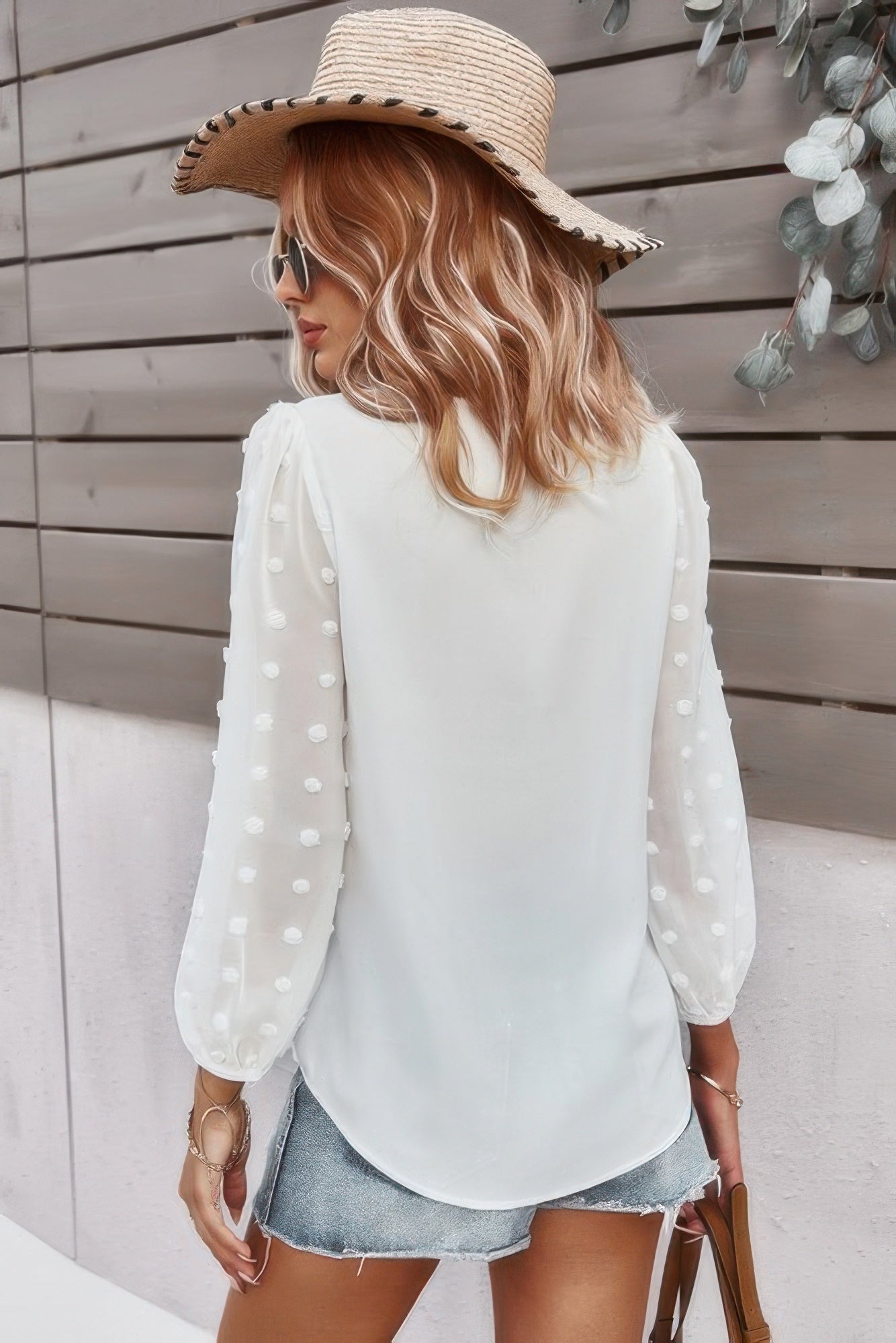 Solid V Neck Lantern Sleeve Swiss Dot Shirt