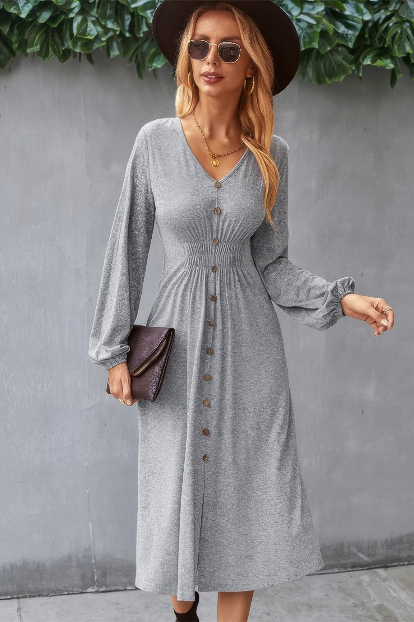 Solid V Neck Elastic Waist Button Long Sleeve Dress
