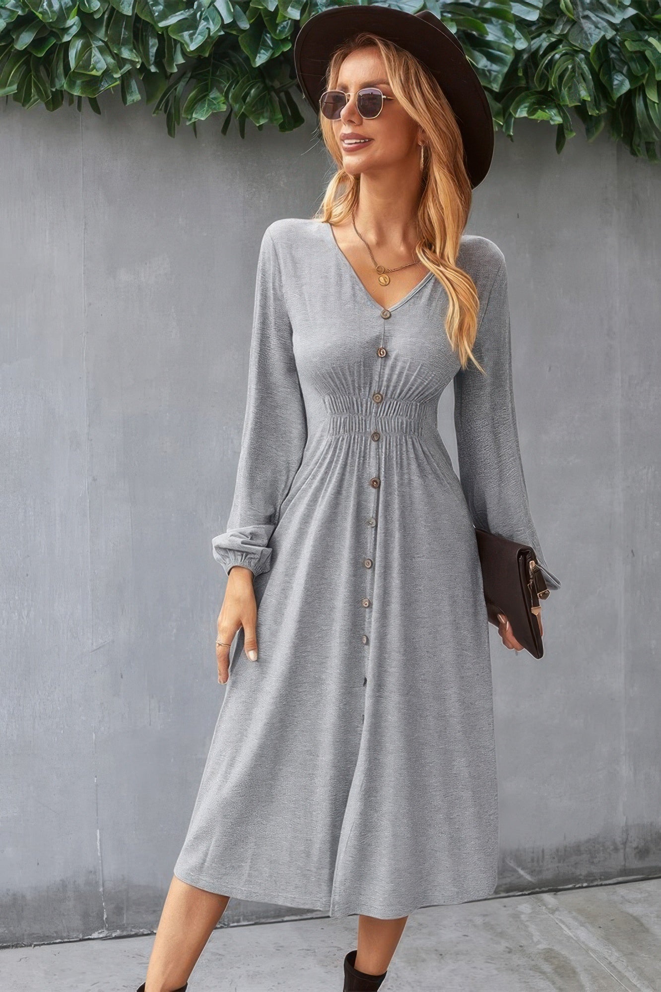 Solid V Neck Elastic Waist Button Long Sleeve Dress