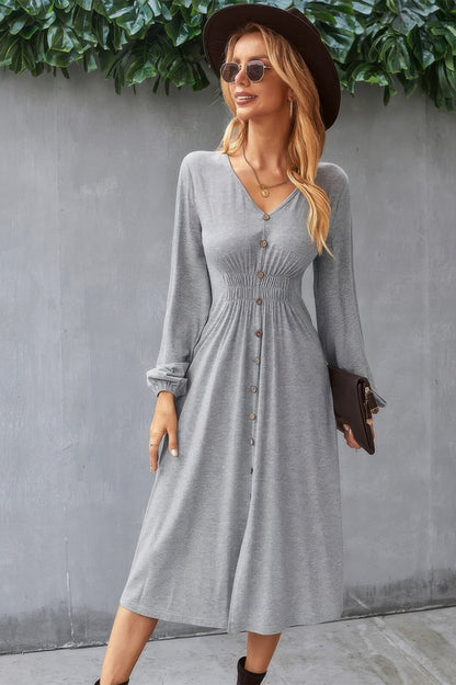 Solid V Neck Elastic Waist Button Long Sleeve Dress