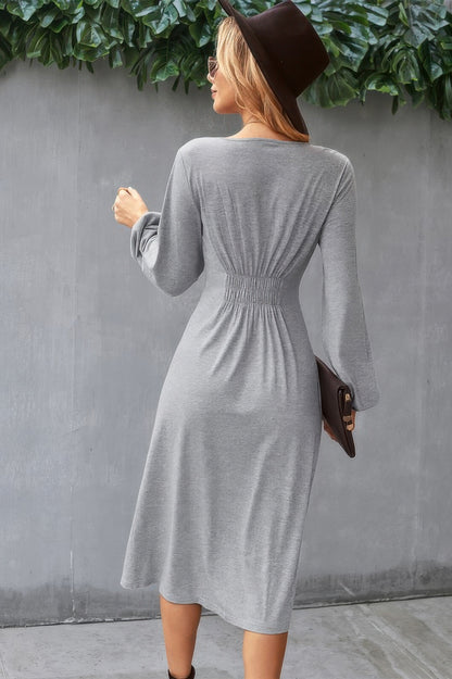 Solid V Neck Elastic Waist Button Long Sleeve Dress