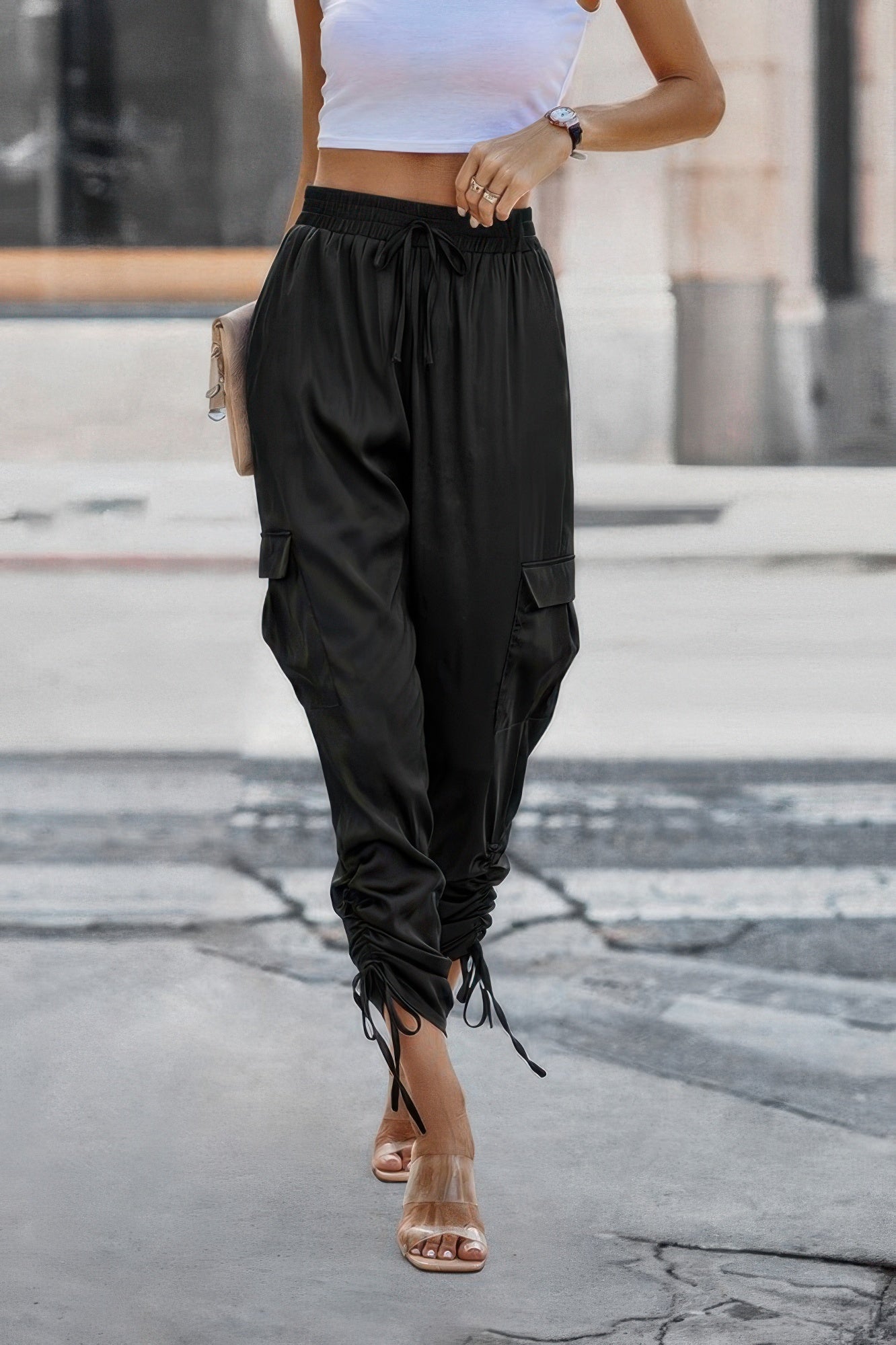 Solid Drawstring Hem Flap Pocket Side Stacked Pant