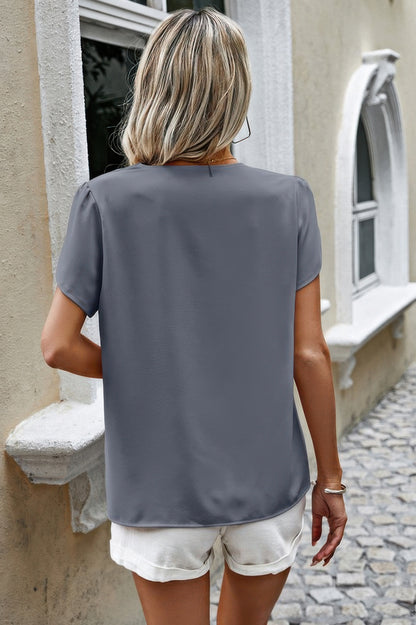 Solid Button Trim V Neck Loose Fit Blouse