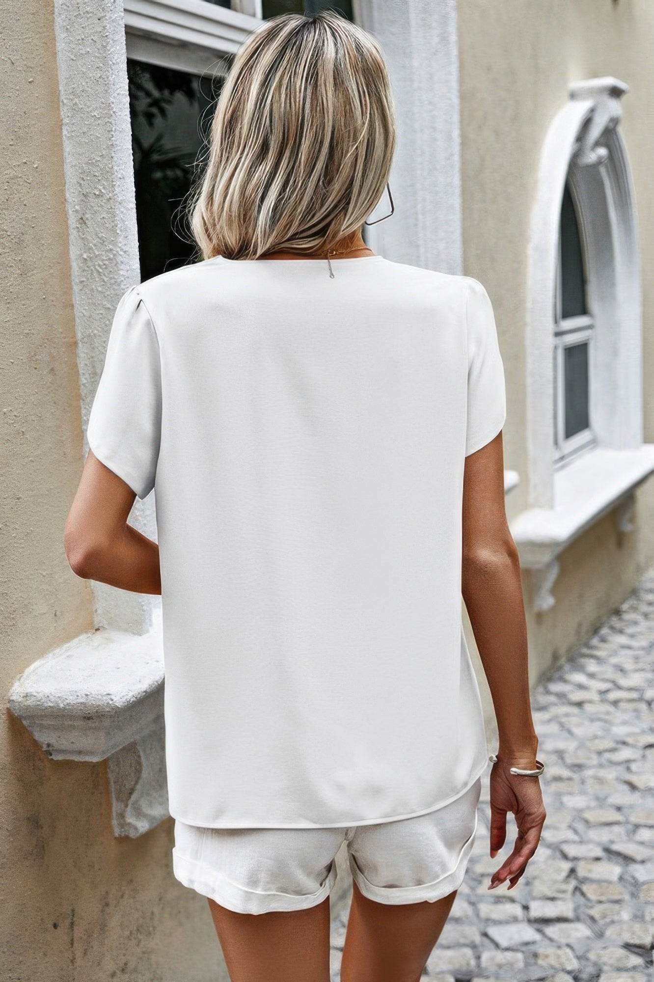 Solid Button Trim V Neck Loose Fit Blouse