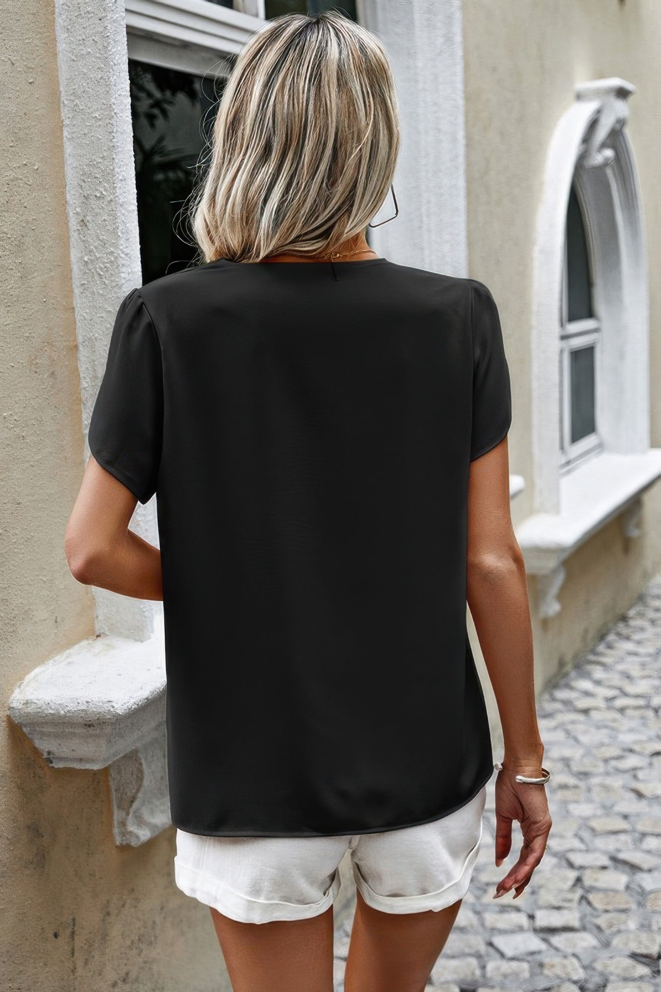 Solid Button Trim V Neck Loose Fit Blouse