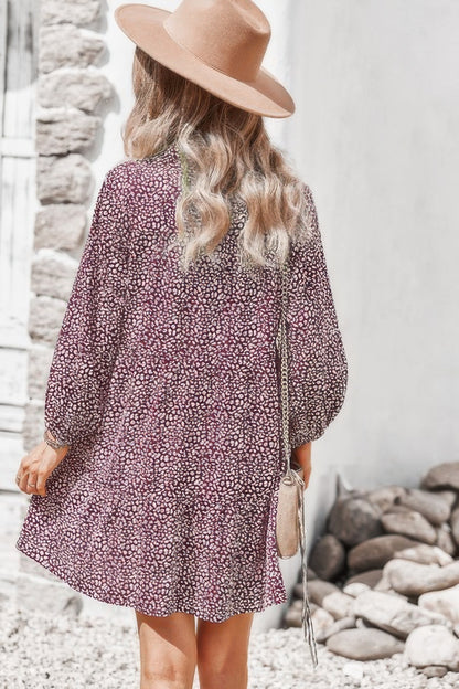Animal Print Button Down A Line Lantem Sleeve Dress