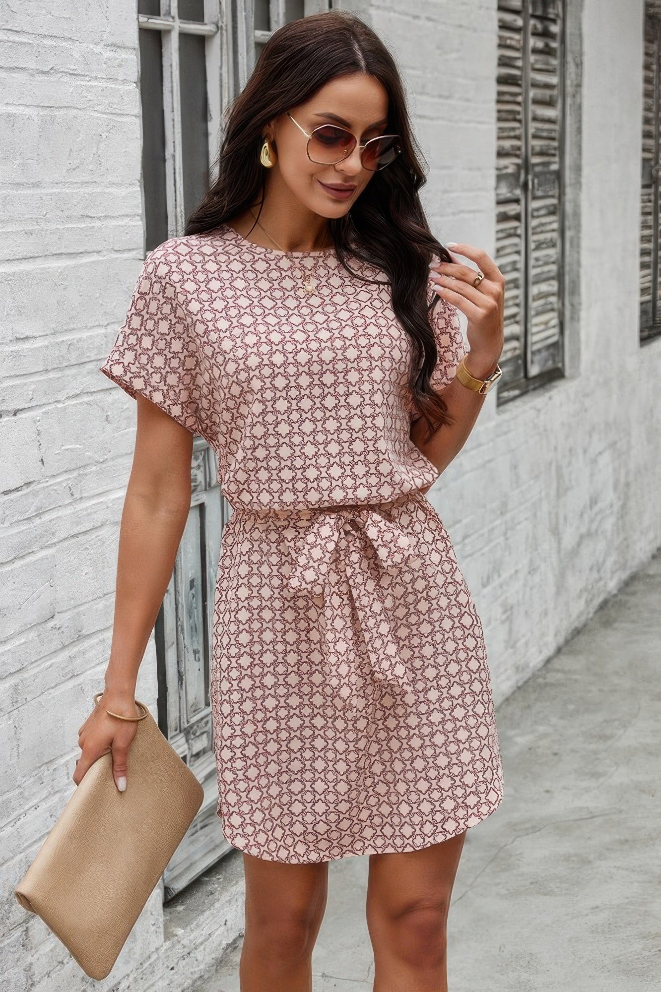 Elegant Crew Neck Batwing Sleeve Printed Dress
