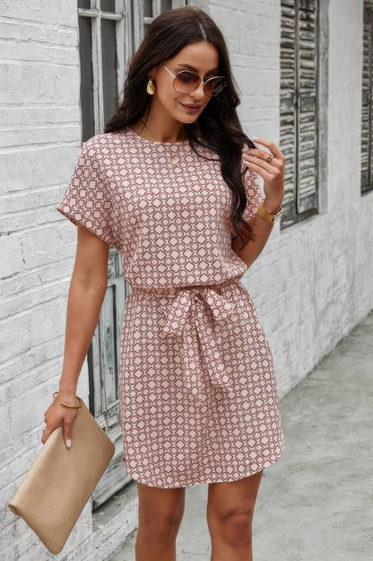 Elegant Crew Neck Batwing Sleeve Printed Dress